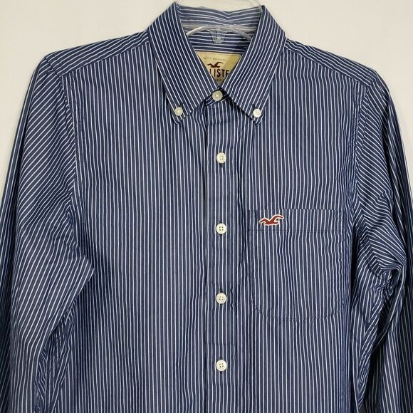 Hollister Mens Shirt Size Medium Striped Long Sleeve Button Up Pocket Blue White - Picture 3 of 7
